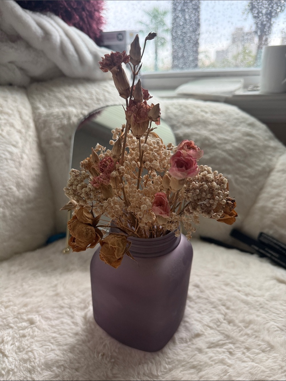 Dried Flowers Roses baby’s breath small vase purple beige pink mauve cream
